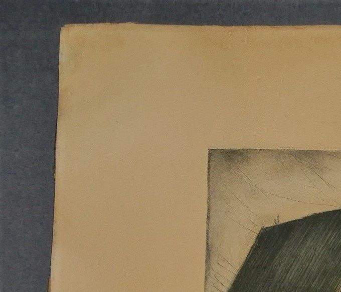 Jalmari Ruokokosken vuoden 1923 värigrafiikan happamuuden aiheuttama tummuminen ja vesivaurio ennen konservointia - tuttu Porvoon maisema